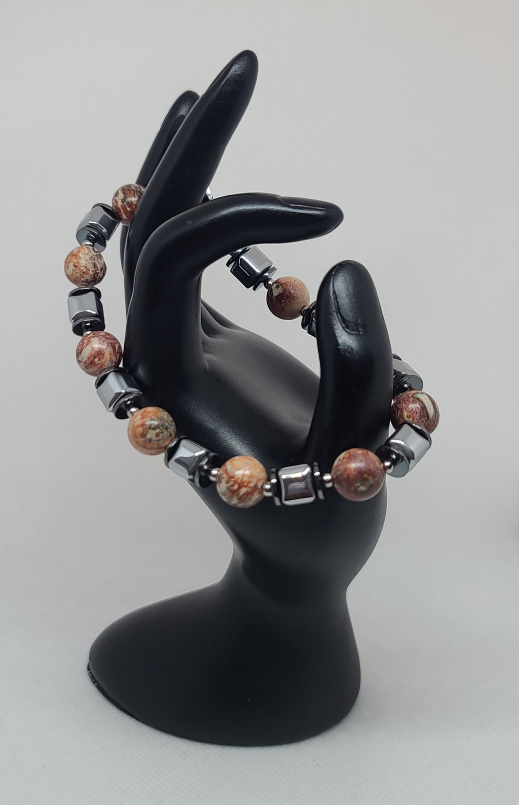 Leopardskin Jasper & Silver Hematite 10mm