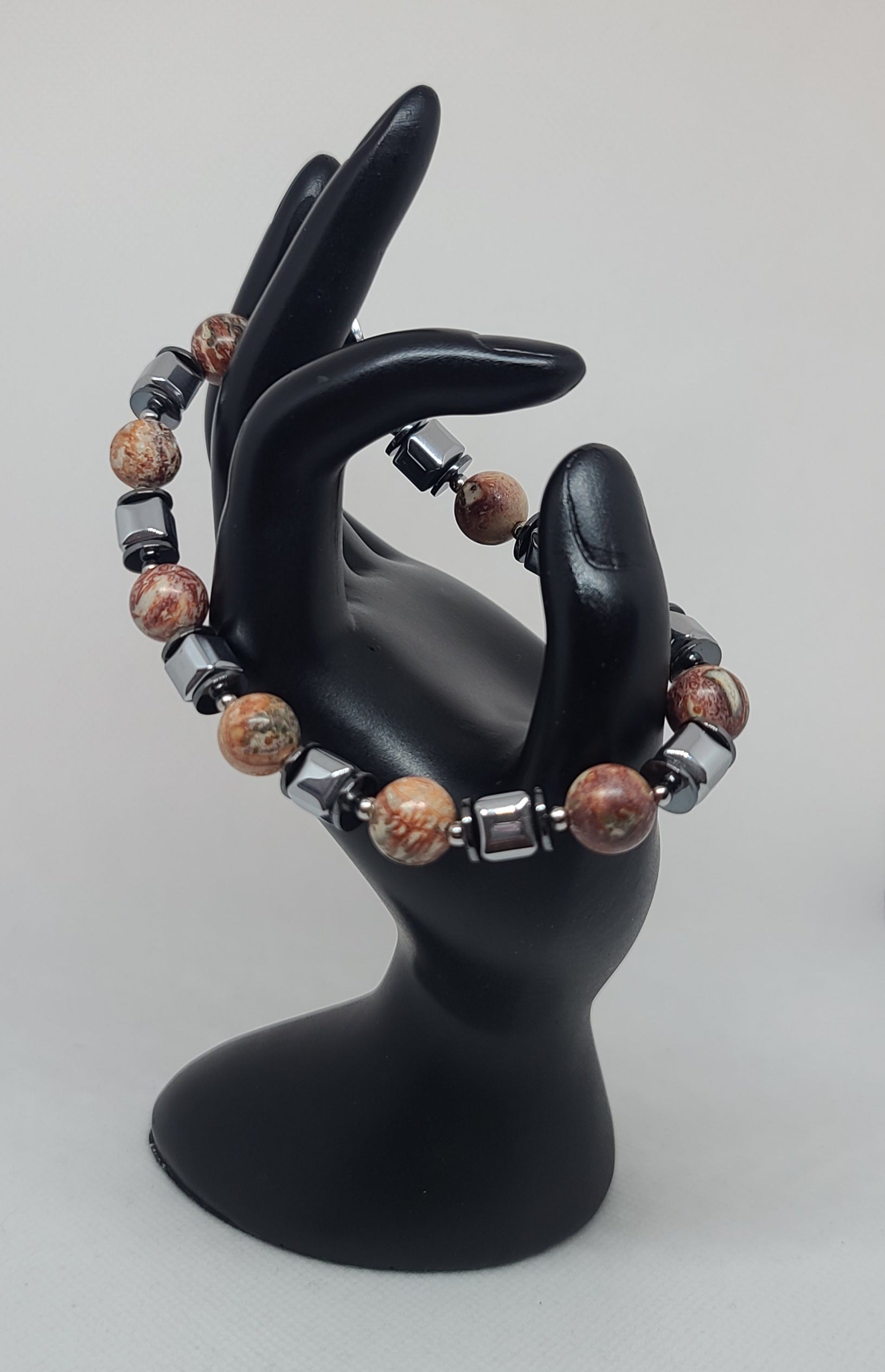 Leopardskin Jasper & Silver Hematite 10mm