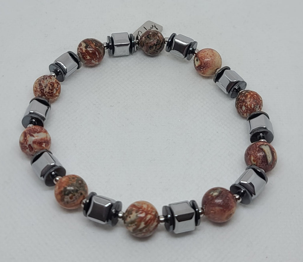 Leopardskin Jasper & Silver Hematite 10mm